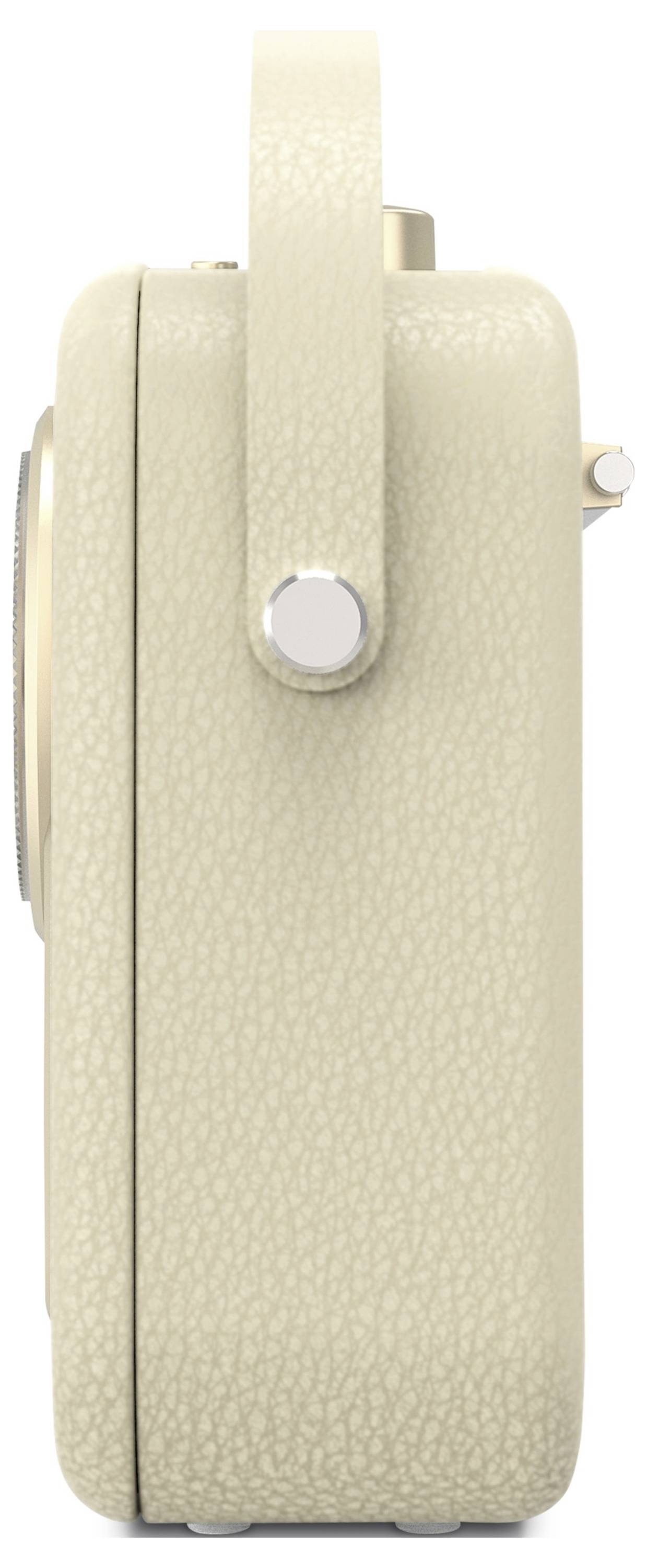 Appareil portable de couleur crème avec une bandoulière en cuir, vue de côté.