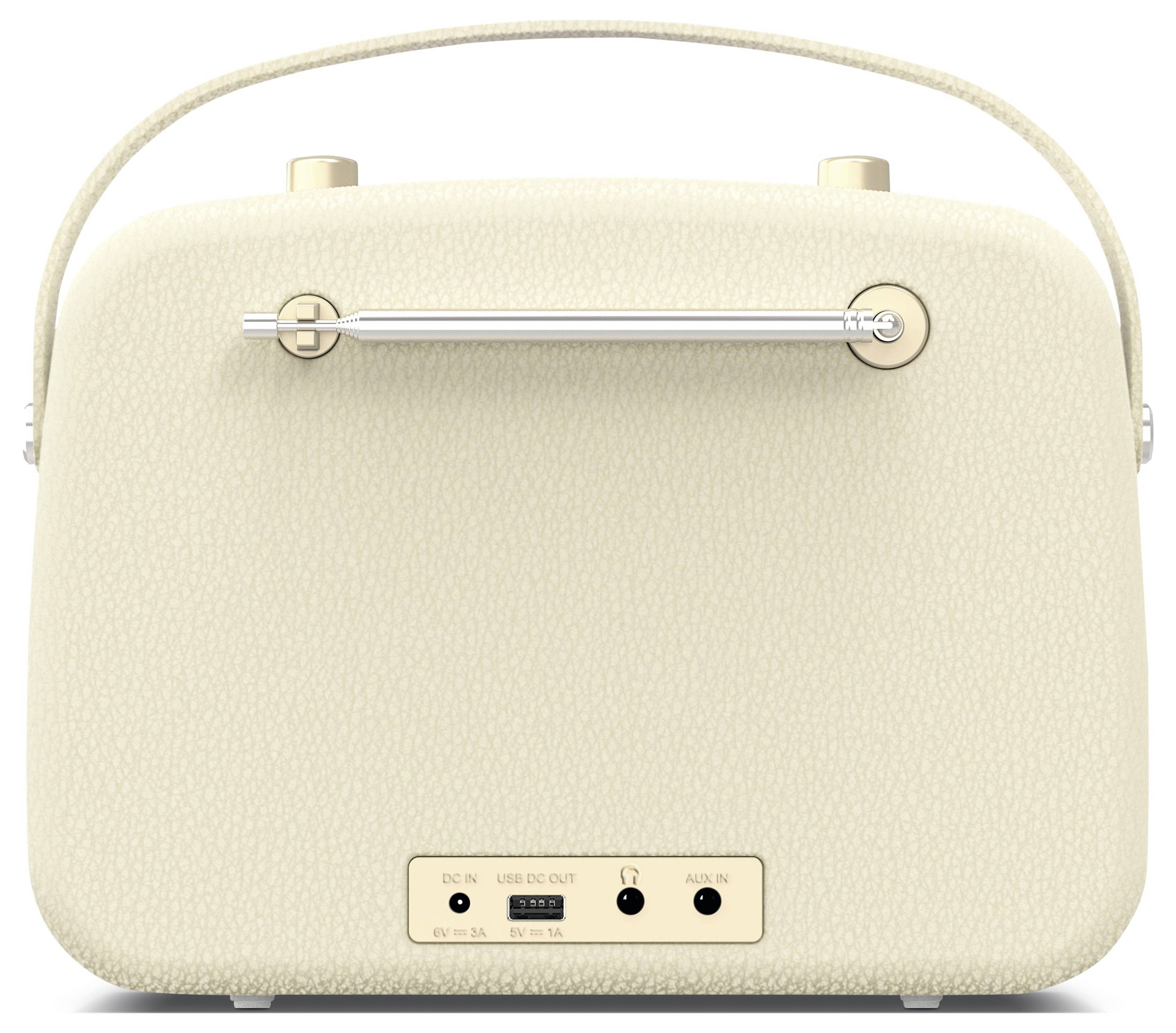 Radio compact de couleur crème avec une poignée de transport et des connexions à l'arrière. Design de style rétro, sans marques visibles.