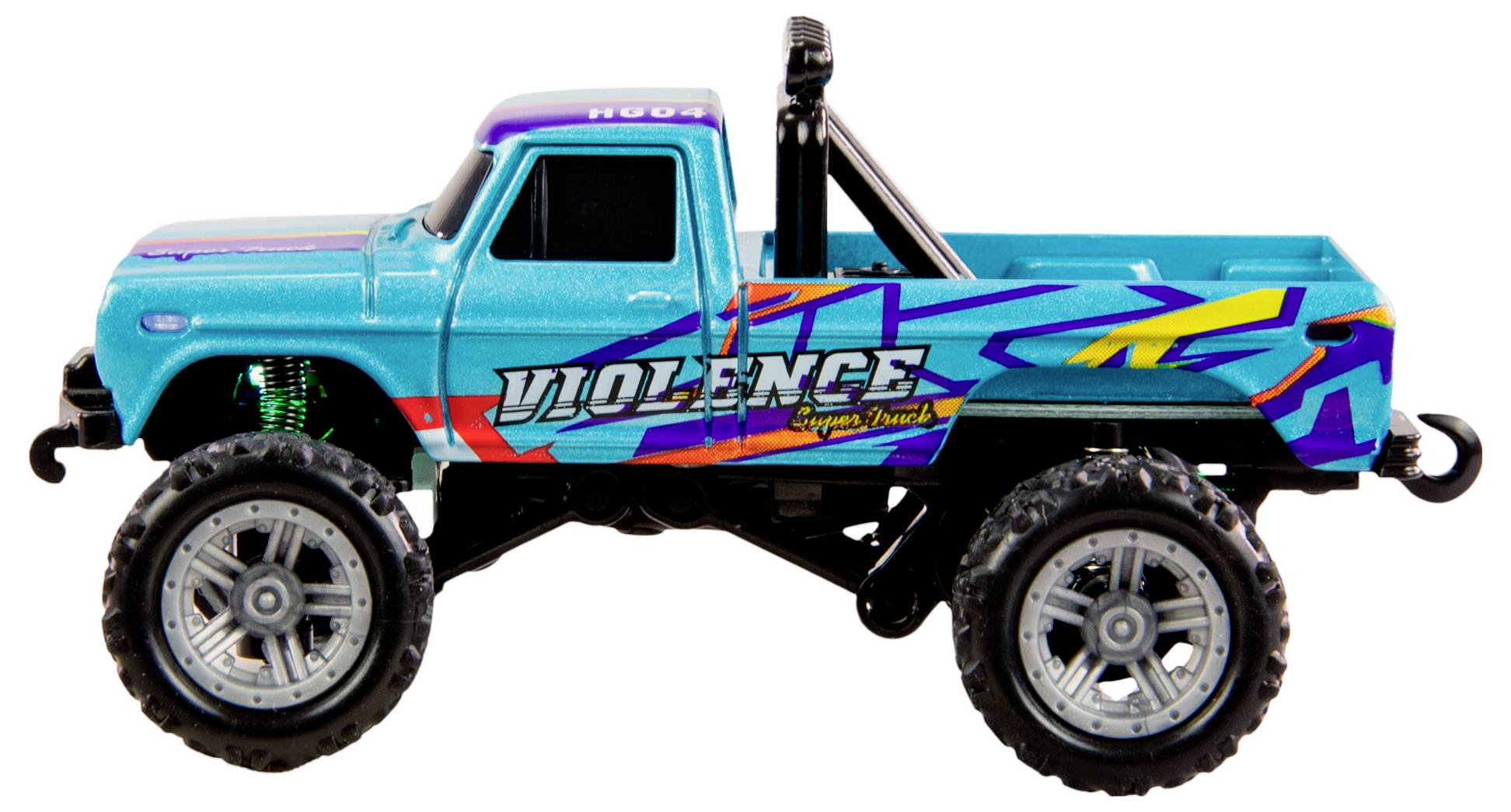 Un modèle de monster truck jouet bleu clair avec un design coloré et l'inscription « Violence » sur le côté.