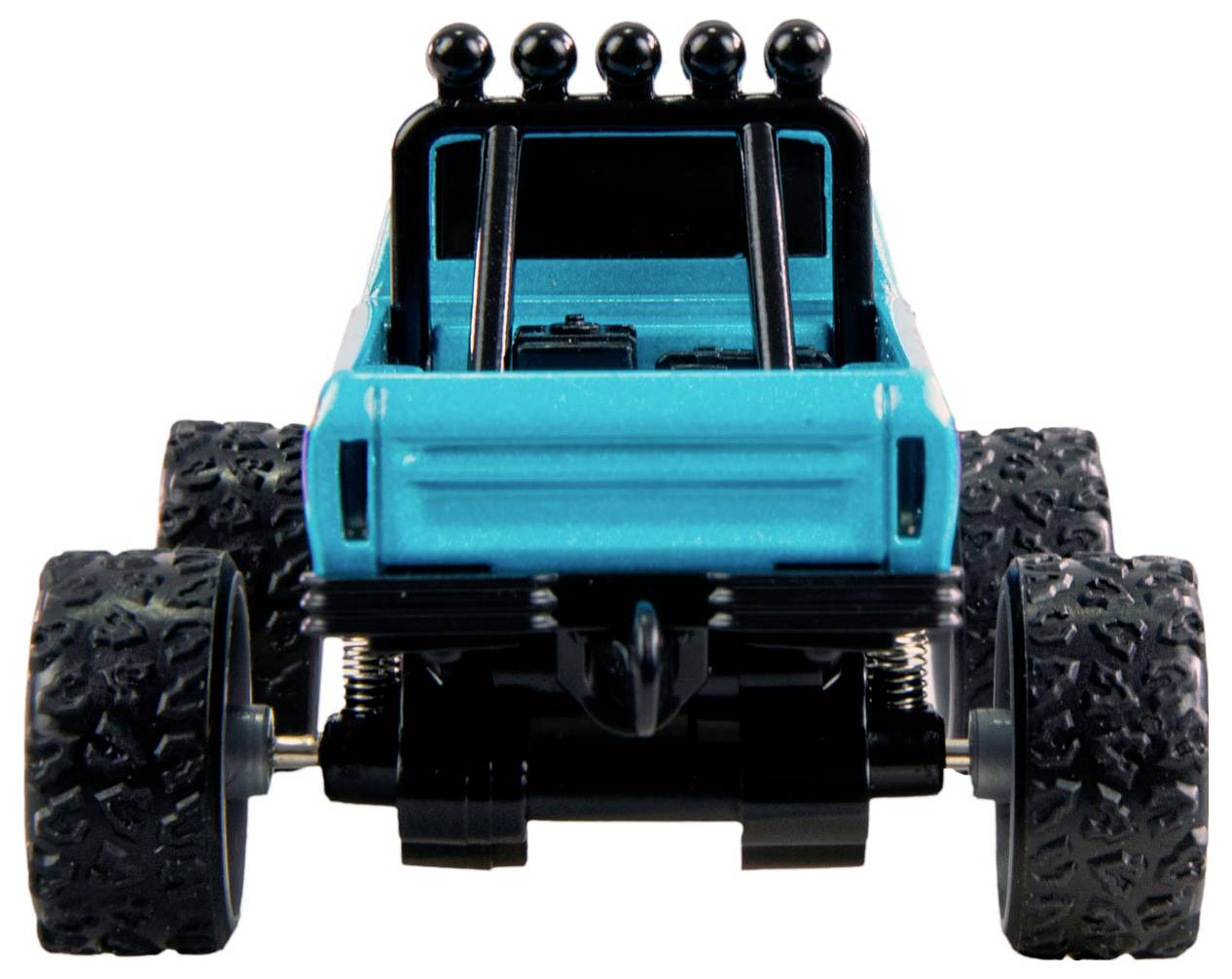 Voiture jouet bleue avec de grandes roues noires, vue de face. Le véhicule présente un design robuste, adapté aux terrains accidentés.