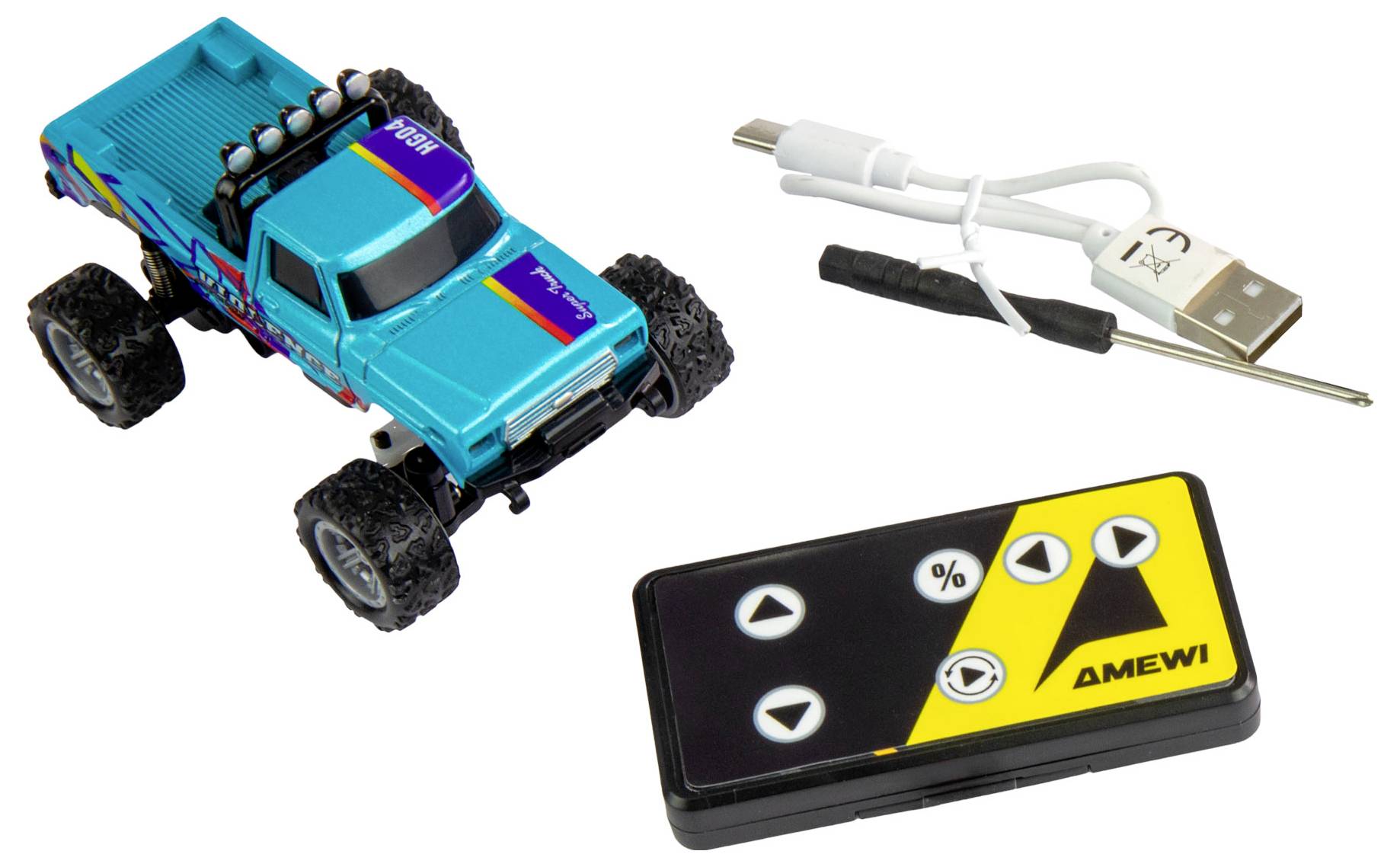 Camion jouet bleu télécommandé avec câble de chargement USB. Le camion possède de grandes roues, la télécommande dispose de touches fléchées et arbore le logo Amewi.