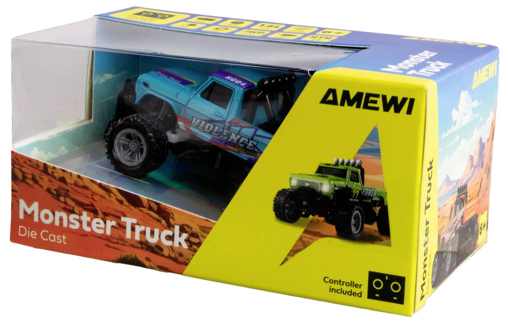 Emballage d'un monster truck jouet de la marque Amewi, de couleur turquoise, portant l'inscription 'Monster Truck Die Cast', avec télécommande incluse.