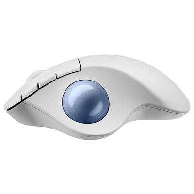 Souris trackball ergonomique blanche avec une boule bleue, vue de côté.