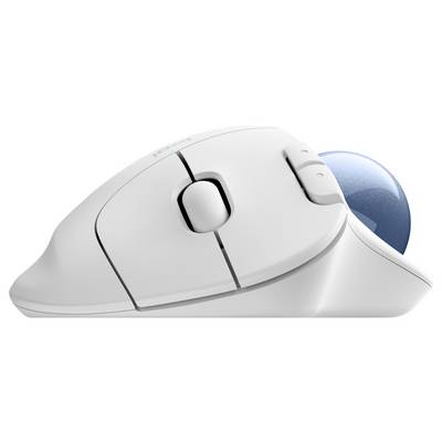 'Souris d'ordinateur blanche sans fil avec trackball bleu sur le côté, design ergonomique. Idéale pour des mouvements précis sans fatigue du poignet.'
