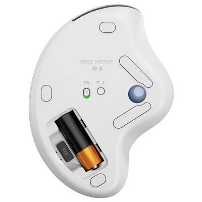 Dessous d'une souris ergonomique avec trackball, interrupteur marche/arrêt au centre et compartiment pour batterie sur le côté.