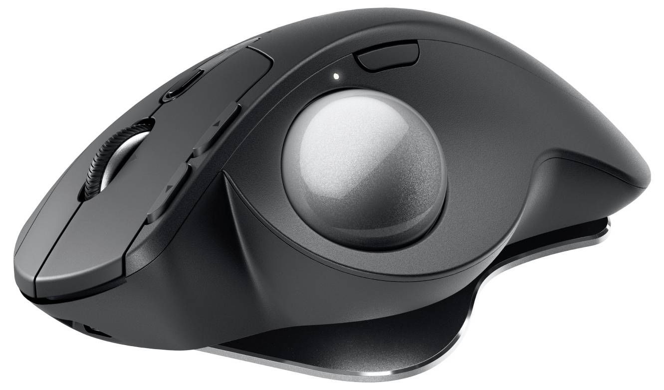 Une souris trackball noire ergonomique avec un trackball latéral et des boutons pour un contrôle confortable.