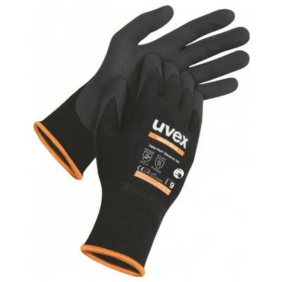 Gants de travail noirs avec bordure orange, de la marque 'uvex', visibles sur le dos de la main. Les gants offrent protection et prise en main sûre.