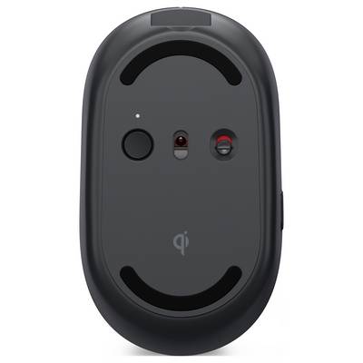Vue de dessus de la face inférieure d'une souris d'ordinateur sans fil noire avec fonction de charge Qi, capteurs et bouton marche/arrêt.
