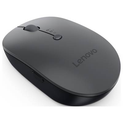 Souris sans fil Lenovo noire avec molette de défilement et boutons supplémentaires, vue de côté.