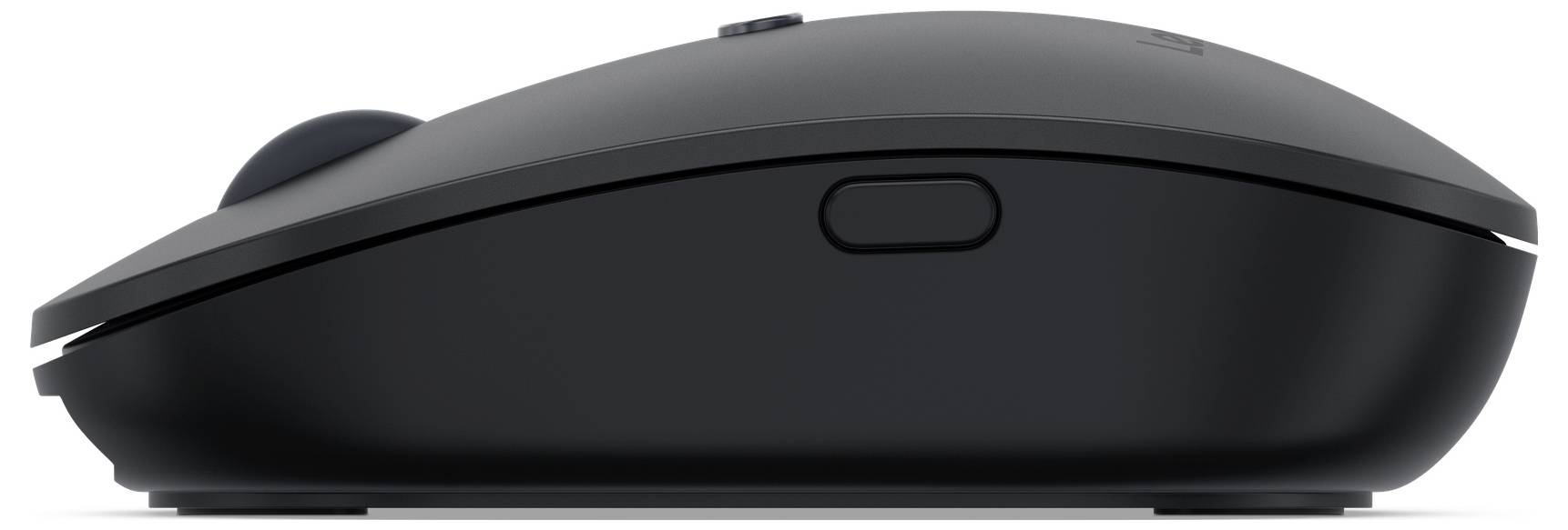 Une souris d'ordinateur noire, sans fil, vue de côté, avec une molette de défilement ronde et un bouton latéral supplémentaire.