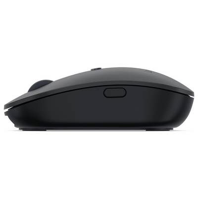 Une souris d'ordinateur noire, sans fil, vue de côté, avec une molette de défilement ronde et un bouton latéral supplémentaire.