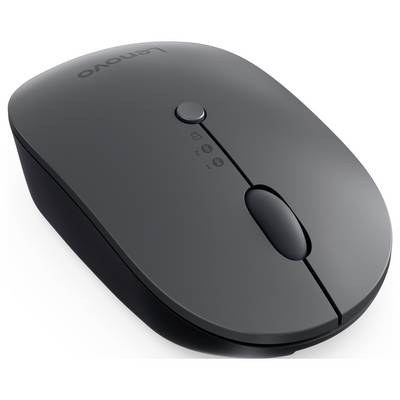 Une souris d'ordinateur sans fil grise avec une molette de défilement centrale et un bouton. Le logo Lenovo est visible en haut à gauche.