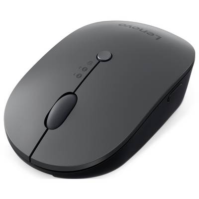 Souris Lenovo sans fil en noir avec une molette de défilement centrale et deux boutons, adaptée pour une utilisation sur ordinateur de bureau ou portable.