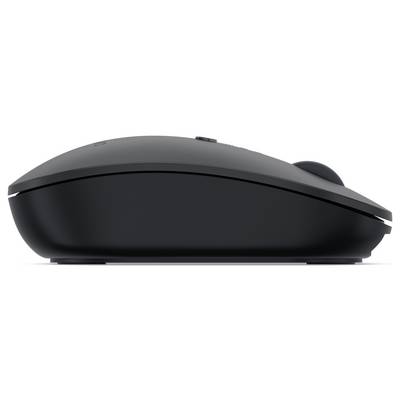 Une souris d'ordinateur noire sans fil, vue de côté sur un fond blanc. Idéale pour une position de main ergonomique.