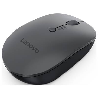 Souris sans fil noire Lenovo avec molette de défilement et boutons sur une surface lisse.