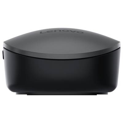 Une souris Lenovo noire au design épuré et lisse. Vue de face, montrant son design minimaliste sans boutons apparents.
