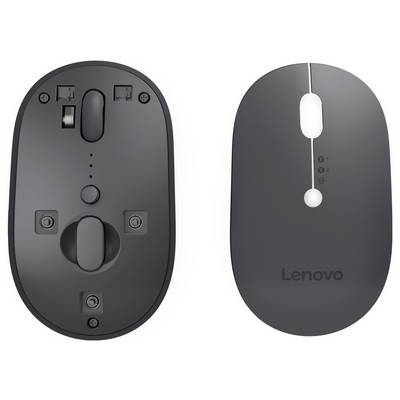Vue de dessus et dessous d'une souris Lenovo noire avec molette de défilement, deux boutons en haut, un compartiment à piles et un interrupteur en bas.