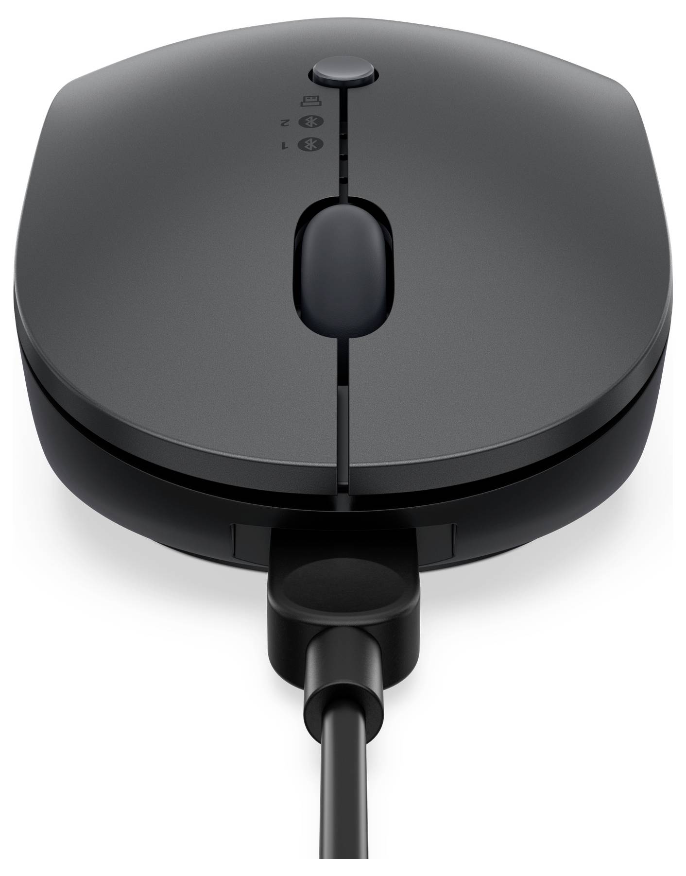 Une souris d'ordinateur noire, filaire, avec une molette de défilement et deux boutons, vue de dessus.