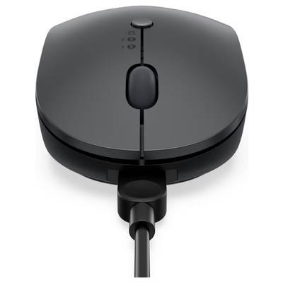 Une souris d'ordinateur noire, filaire, avec une molette de défilement et deux boutons, vue de dessus.