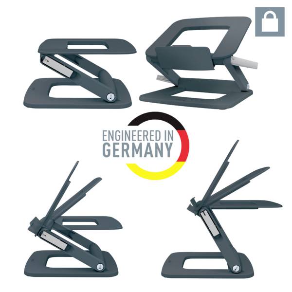 Quatre vues d'un support d'ordinateur portable réglable. Au centre, le texte 'Engineered in Germany' avec un demi-cercle aux couleurs noir-rouge-or.