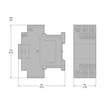 Dessin technique d'un appareil montrant les dimensions : hauteur 107 mm, largeur 95 mm. Vue latérale représentée avec une largeur de 45 mm.