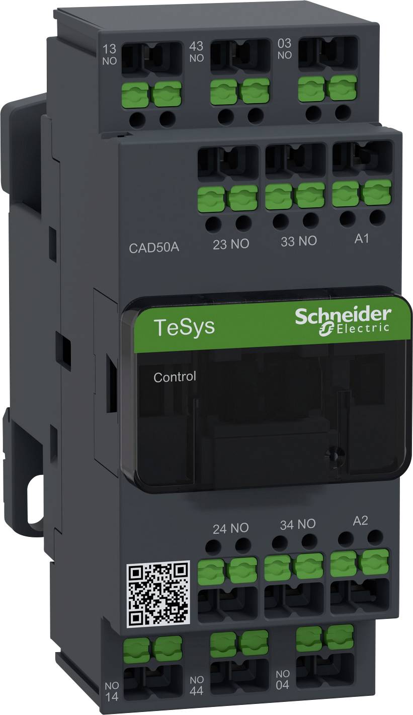 Protection de marque Schneider Electric, modèle TeSys, avec plusieurs bornes de connexion et un code QR pour plus d'informations.