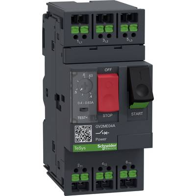 Un disjoncteur électronique de Schneider Electric, modèle TeSys GV2ME04A, avec des boutons rouge et vert pour l'arrêt et le démarrage.