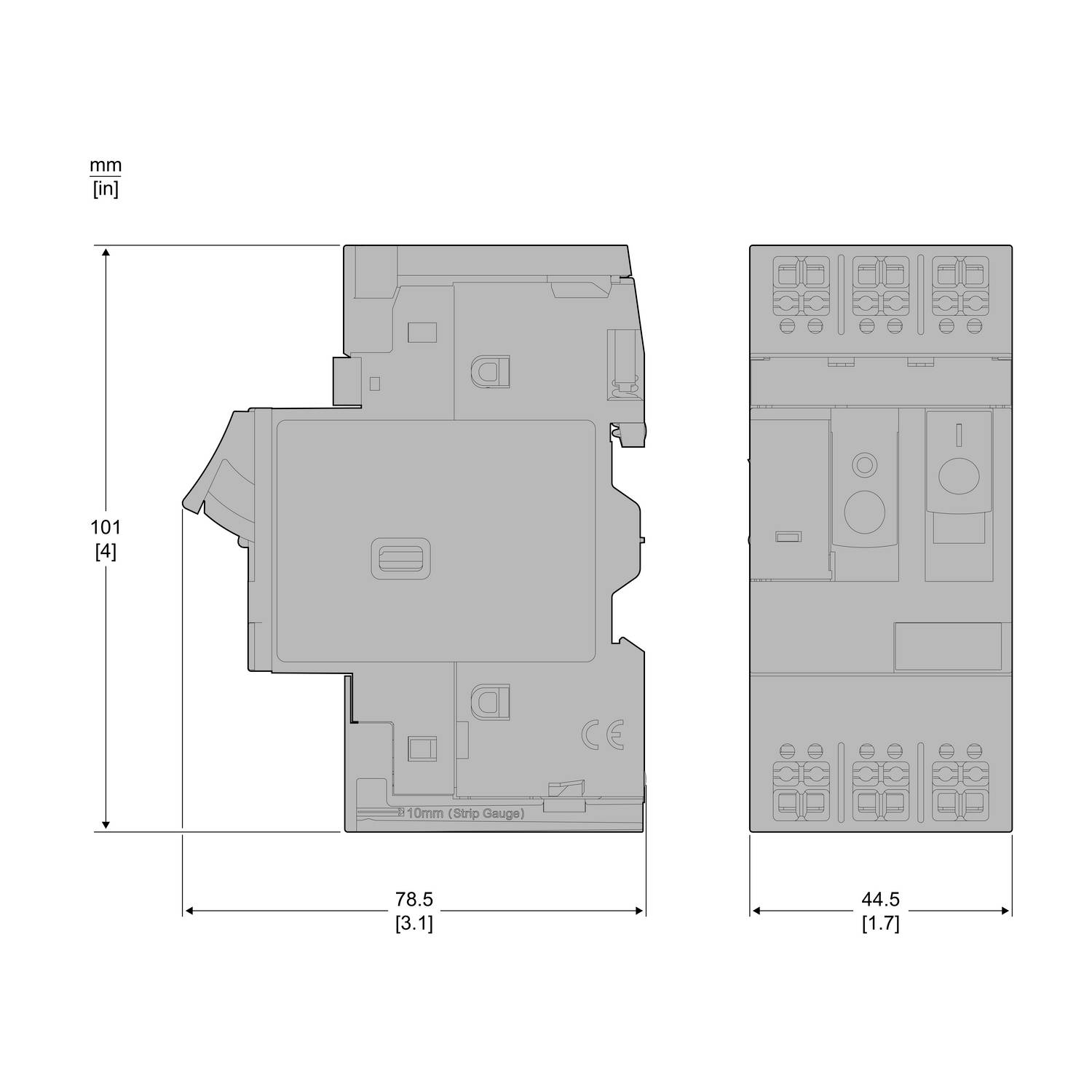 Dimensions d'un appareil électronique avec les mesures suivantes : largeur 78,5 mm (3,1 pouces), hauteur 101 mm (4 pouces), profondeur 44,5 mm (1,7 pouces).