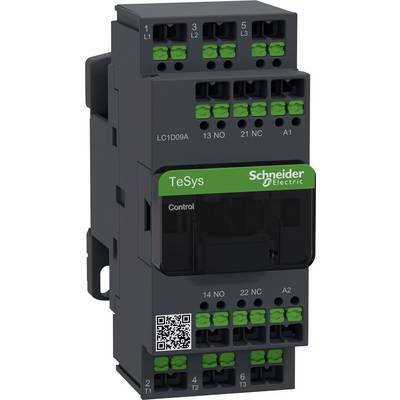 Contacteur électrique de Schneider Electric avec des bornes de connexion vertes et un code QR sur la face avant. Modèle : TeSys.