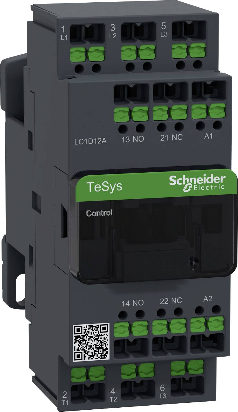 Un contacteur noir Schneider Electric, modèle TeSys, avec des bornes vertes et un code QR.