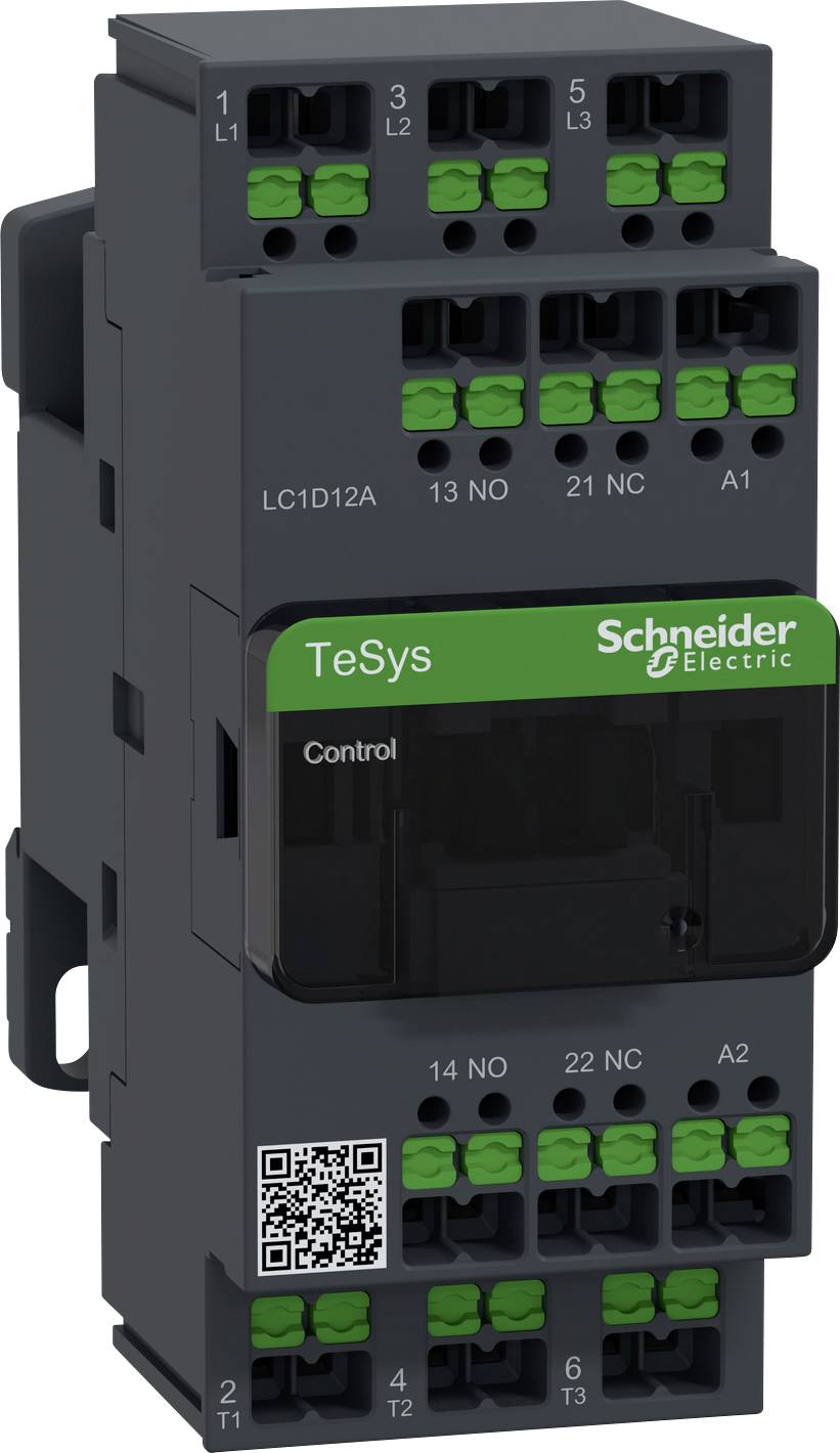 Un appareil de commutation électrique noir avec des bornes vertes et un code QR, de marque 'Schneider Electric' et de modèle 'TeSys'.
