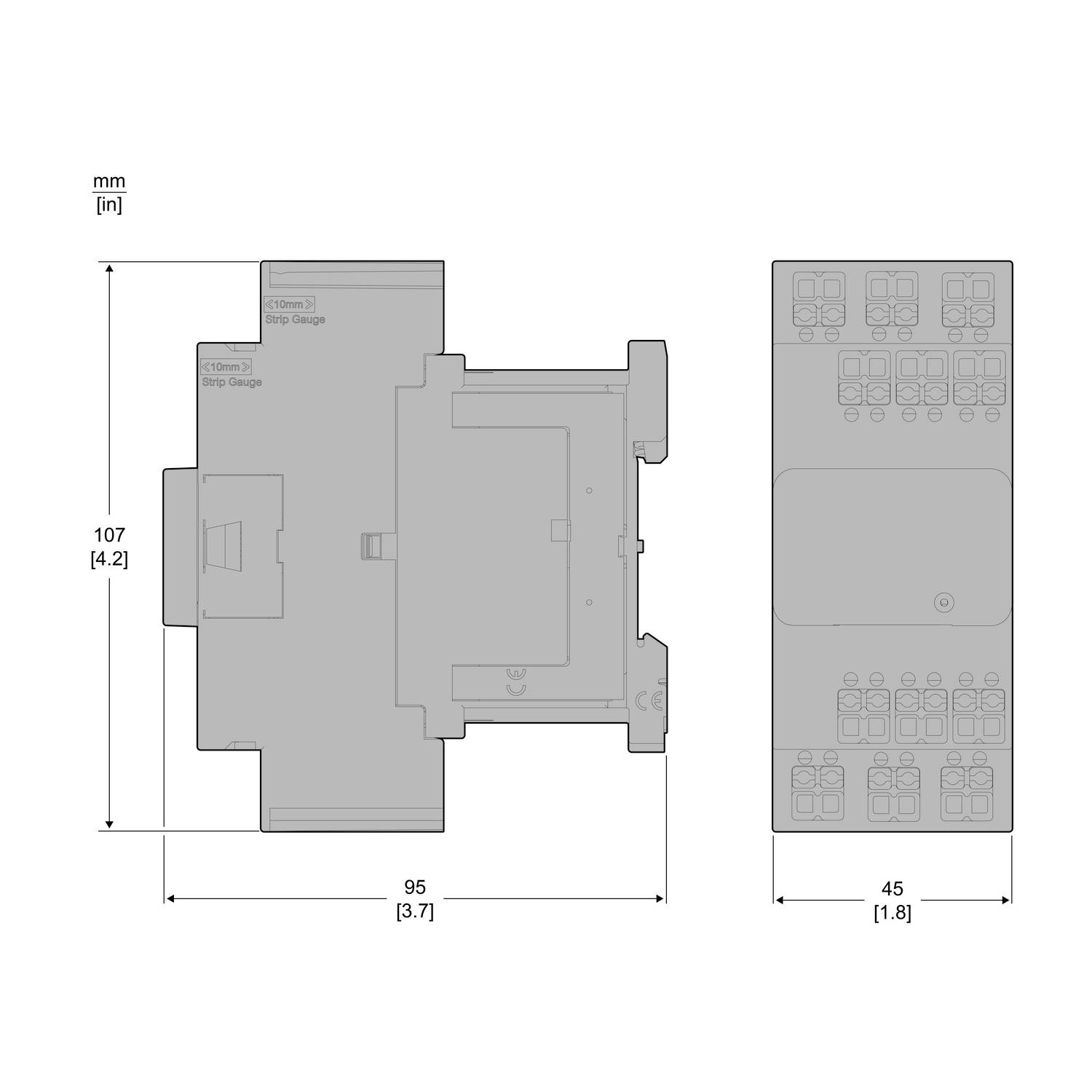 Dessin technique d'un appareil rectangulaire avec les dimensions suivantes : hauteur 107 mm, largeur 95 mm, profondeur 45 mm. Connexions en haut.