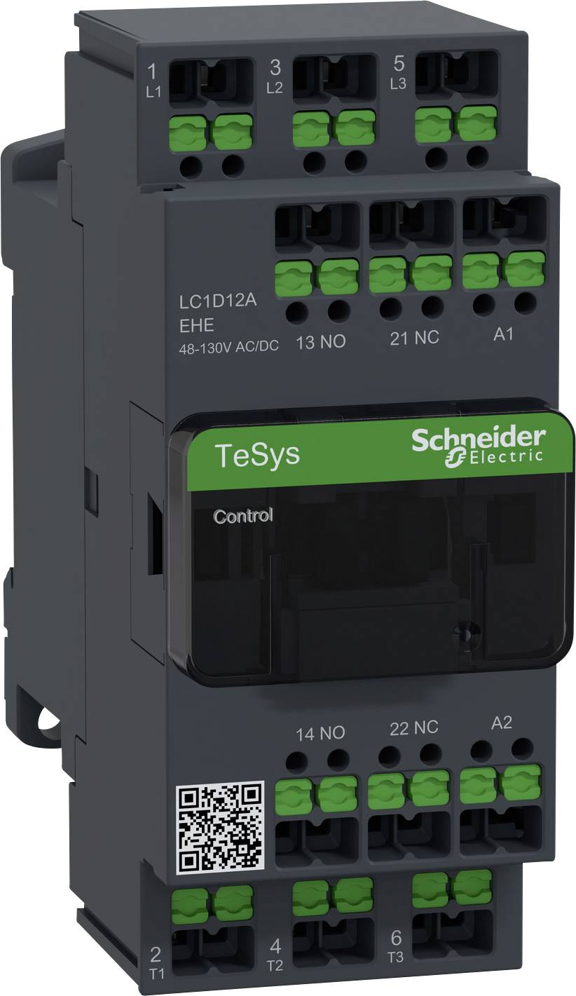'Dispositif de commande Schneider Electric TeSys avec boîtier noir, bornes vertes et code QR, pour alimentation électrique AC/DC 48-130V.'