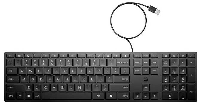 Clavier USB noir avec disposition QWERTY, touches de fonction et pavé numérique ; adapté aux ordinateurs de bureau.