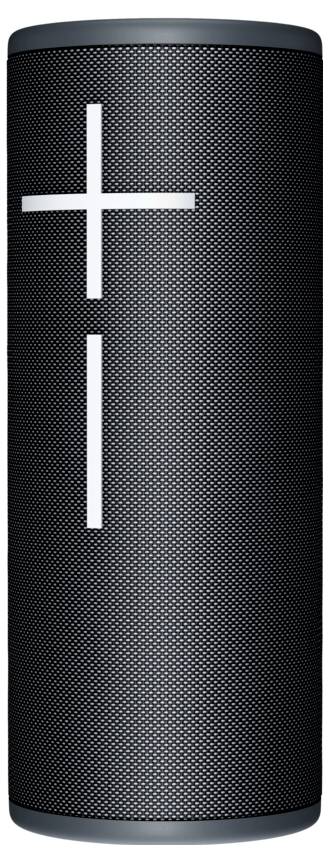 Enceinte portable noire avec un grand signe plus blanc à l'avant pour le contrôle du volume. Forme cylindrique, design moderne.