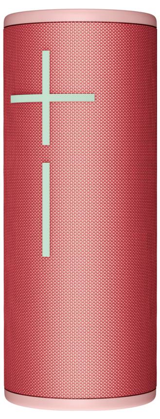 Enceinte portable sans fil, de forme cylindrique, rouge vif, avec un symbole plus-moins bleu. Idéal pour écouter de la musique en déplacement.