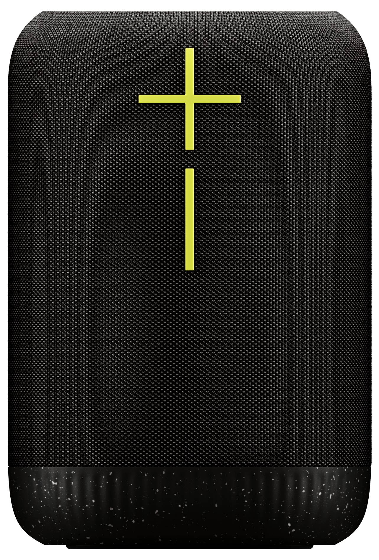 Enceinte Bluetooth noire avec des symboles jaunes de plus et de moins pour le réglage du volume.