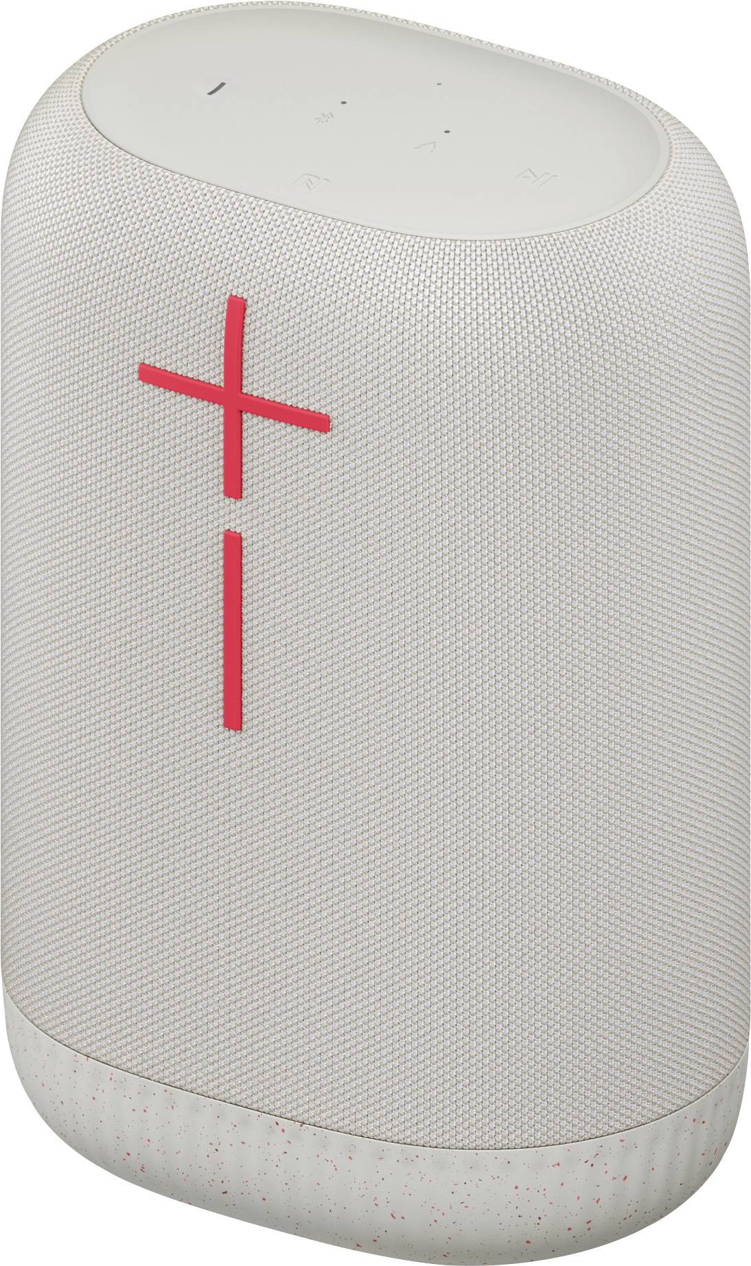 Un haut-parleur portable cylindrique blanc avec des signes plus et moins rouges pour le contrôle du volume.