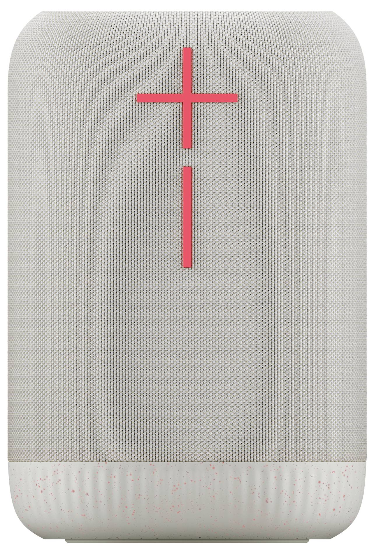 Enceinte portable grise avec des touches de volume en forme de croix rouge vif sur l'avant.