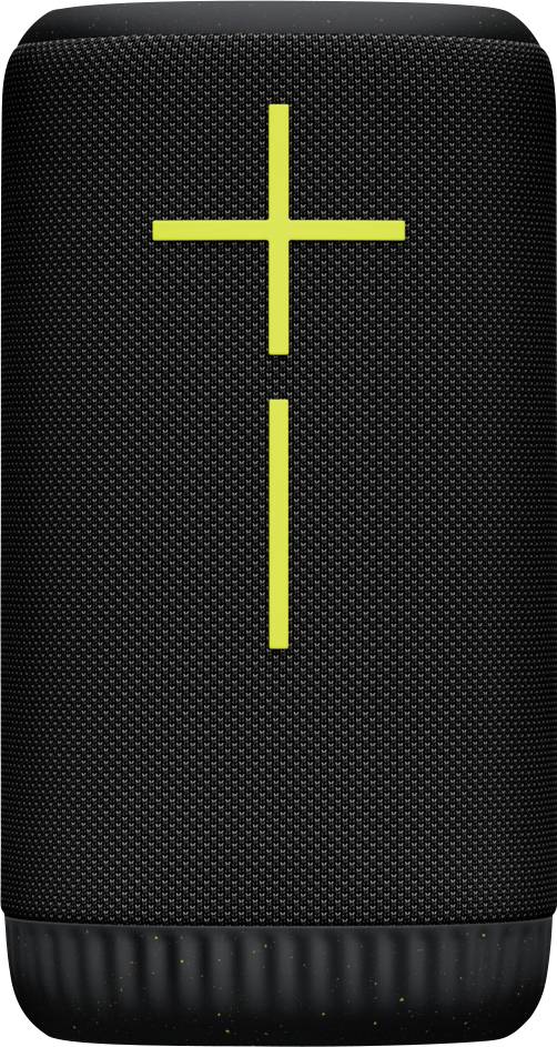 Un haut-parleur portable noir avec un symbole plus et moins jaune, placé verticalement. Idéal pour la lecture de musique sans fil.