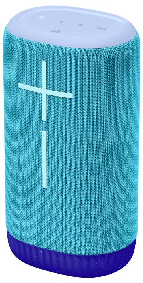 Un haut-parleur portable bleu, de forme cylindrique, avec des touches sur le dessus et un signe plus sur le côté.