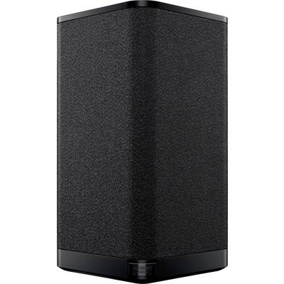 Enceinte Bluetooth noir et gris au design cylindrique, dotée de touches discrètes sur le dessus et revêtue d'un tissu distinctif.