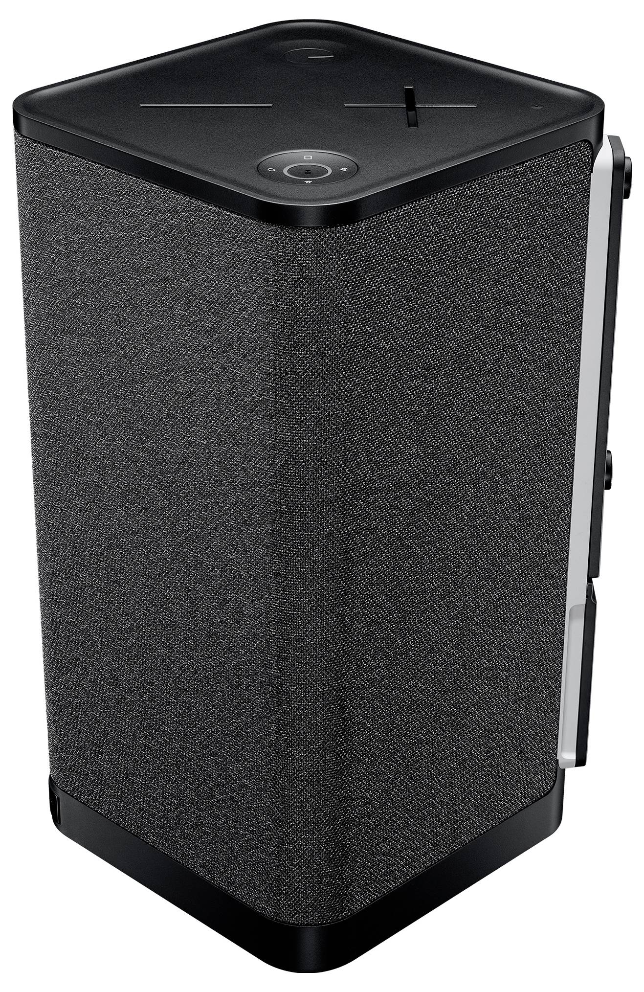 Enceinte sans fil noire de forme rectangulaire, recouverte d'un tissu, avec des commandes visibles sur le dessus.