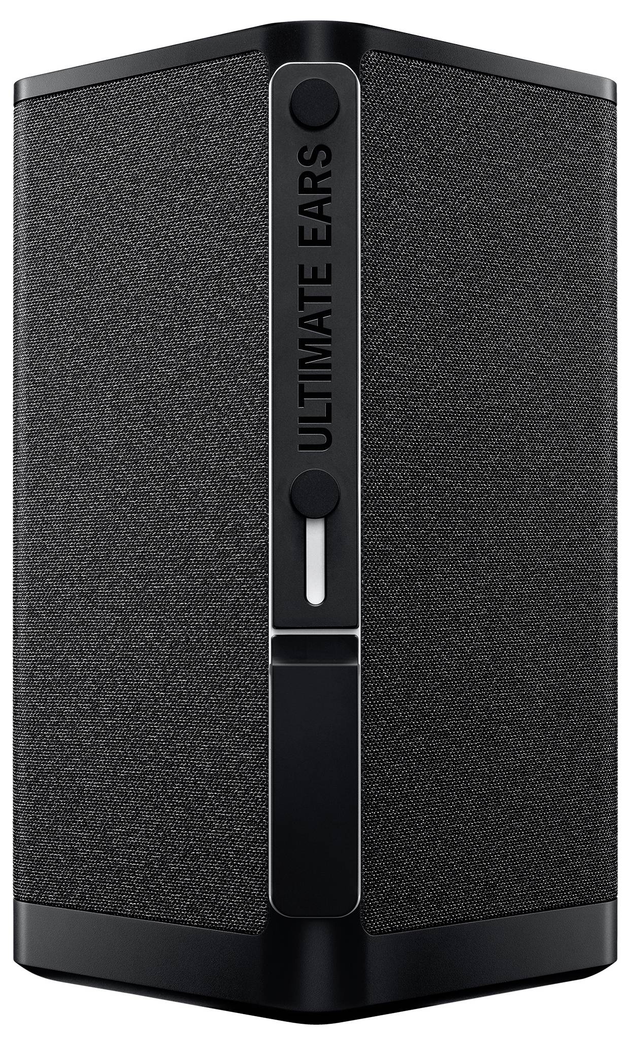 Un haut-parleur portable, rectangulaire, recouvert de tissu noir et doté d'un design vertical et élancé. Inscription : 'ULTIMATE EARS'.