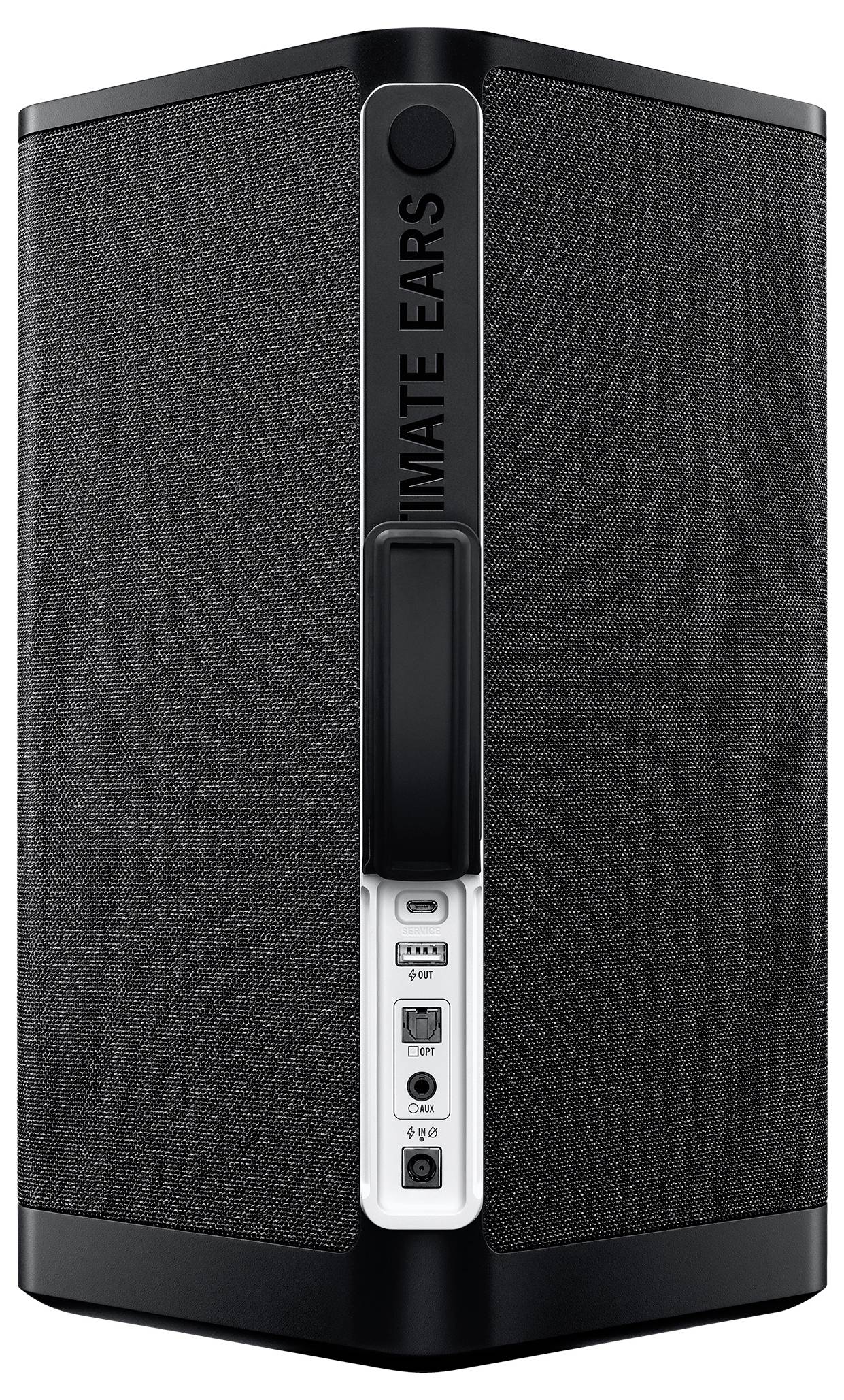 Enceinte portable noir avec boutons de contrôle du volume et ports situés sur la façade.