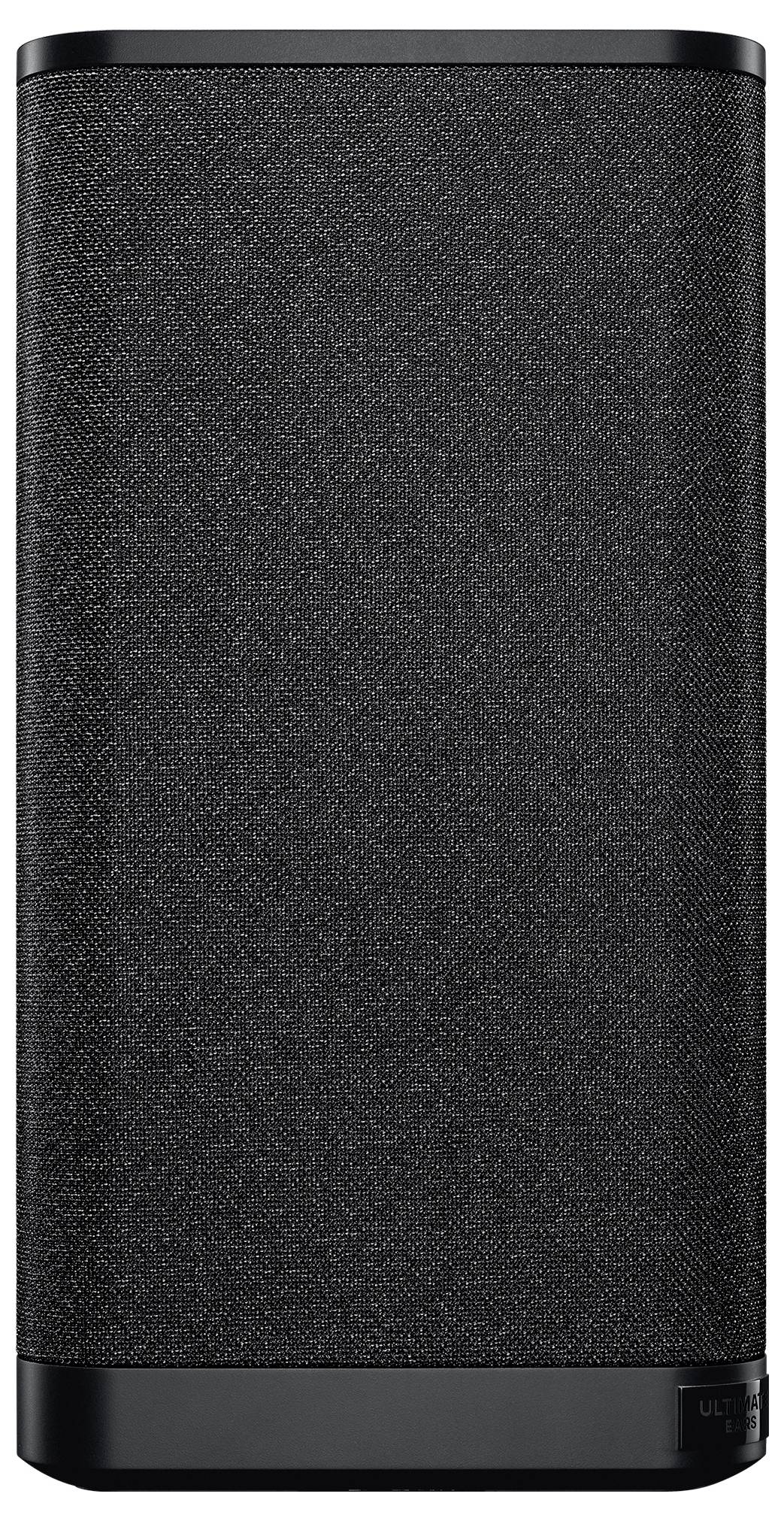 Un haut-parleur noir rectangulaire recouvert de tissu, avec des angles arrondis.