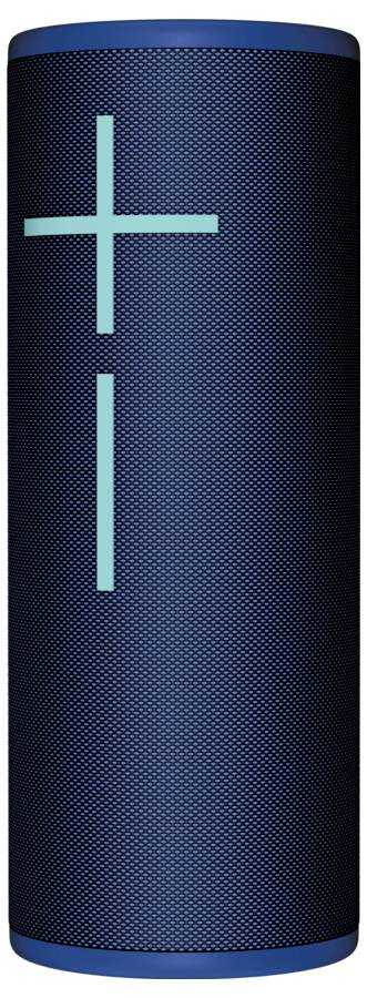 Haut-parleur Bluetooth cylindrique bleu avec de grands symboles Plus et Moins pour le réglage du volume.