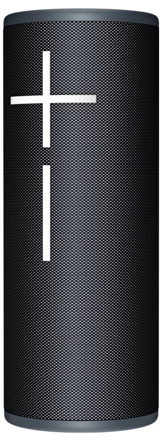 Enceinte sans fil noir avec touches de volume verticales, adaptée à la lecture de musique.