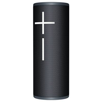 Enceinte sans fil noir avec touches de volume verticales, adaptée à la lecture de musique.