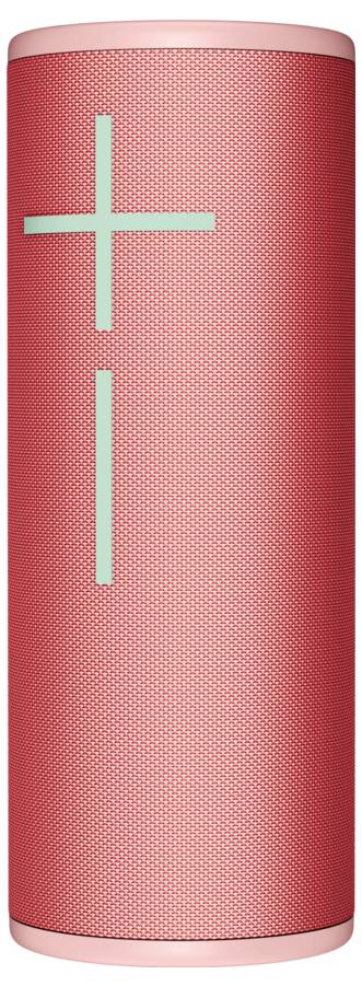 Enceinte portable rouge de forme cylindrique avec un symbole plus et moins vert pour le réglage du volume.